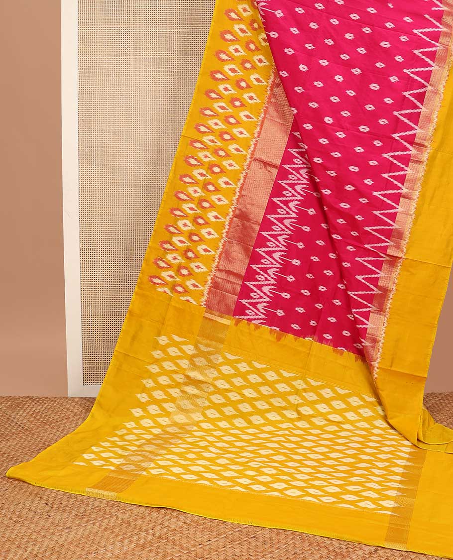 Red geometric design ikkat saree with contrast floral design border & ogee design pallu