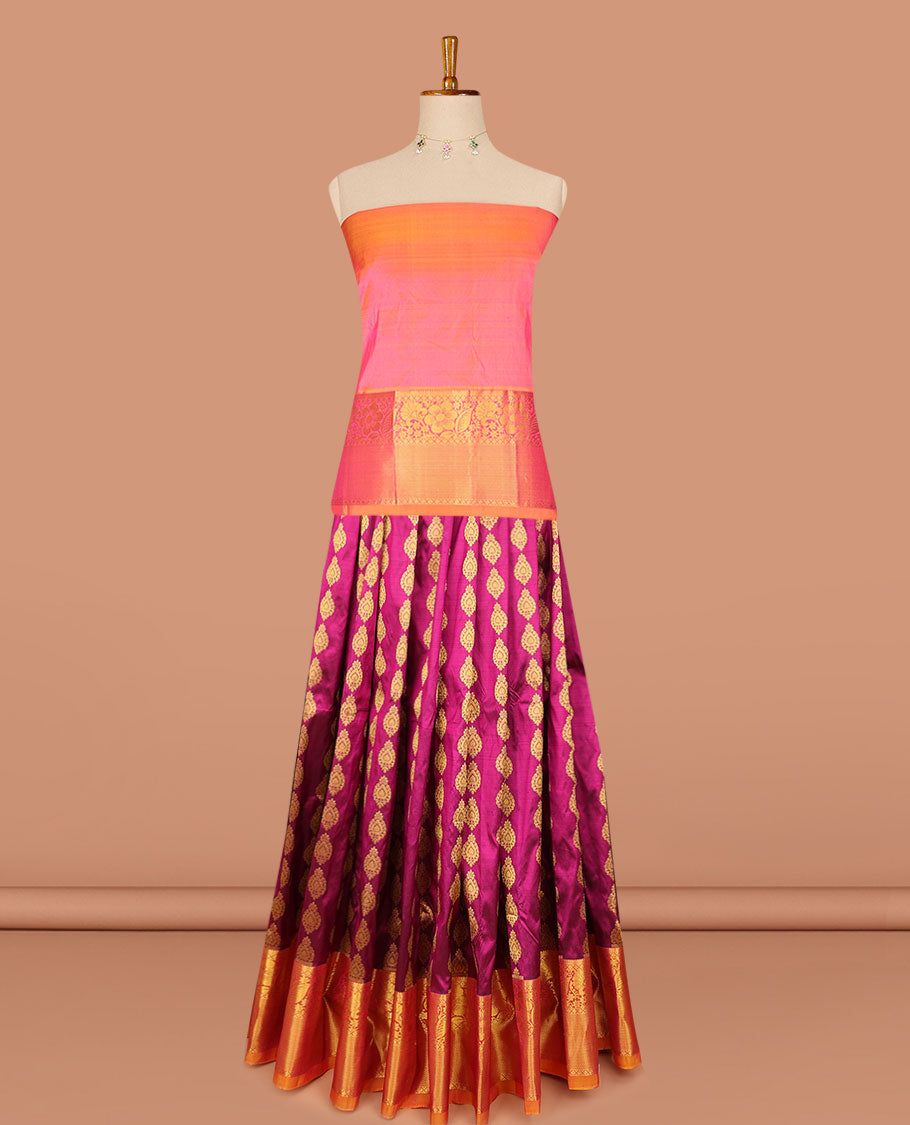 pink floral buttas pure silk half saree with contrast intricate zari design border, zari design blouse & floral zari design dhavani