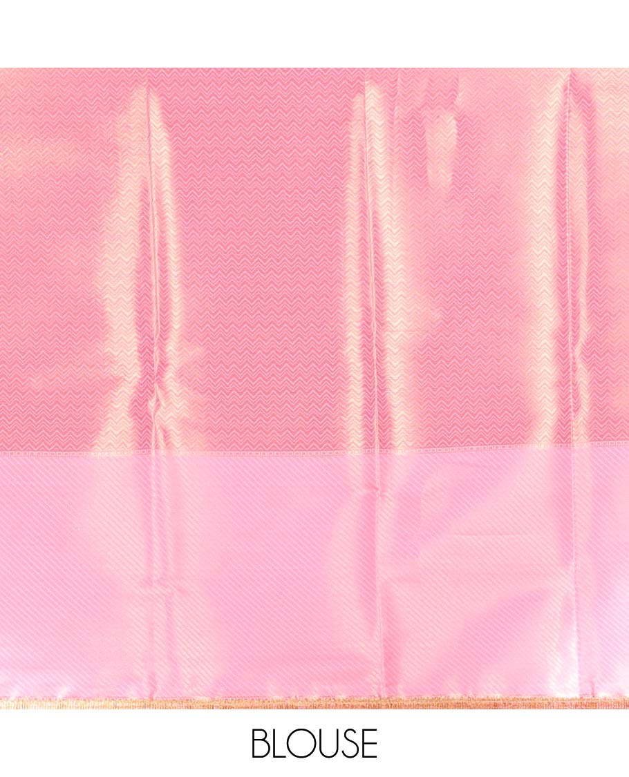 Pastel pink zig zag striped tissue saree with self striped border & intricate zari design pallu