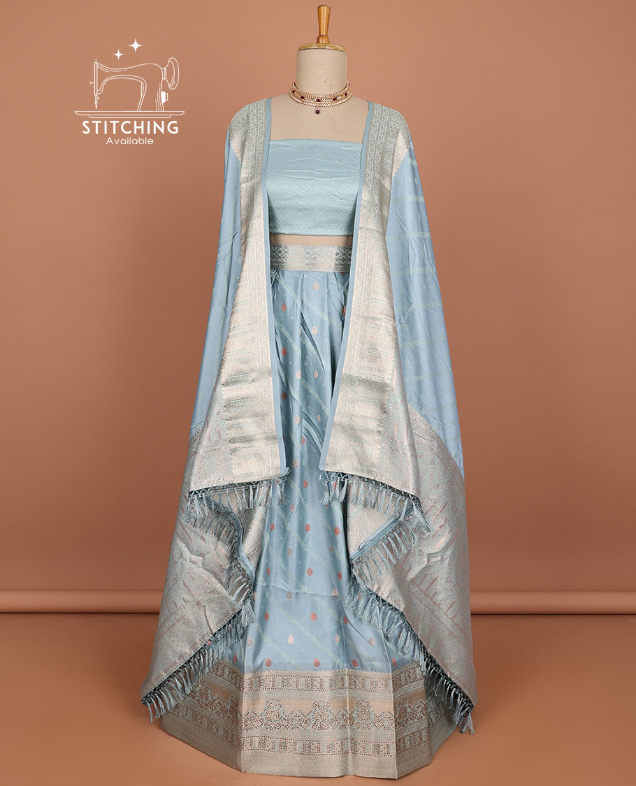 Blue striped banaras half saree with contrast traditional zari border, argyle pattern blouse & striped zari dhavani