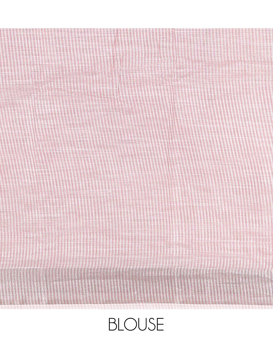 Dusky Pink Plain Linen-Cotton Saree, a Zari Border, Striped Pallu, and a Matching Blouse