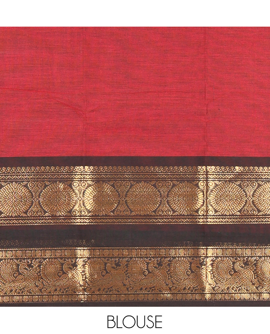 Maroon Chettinad Cotton Saree, a Contrast Peacock-Chakra Rettai Pettu Border, Striped Pallu, and Matching Blouse