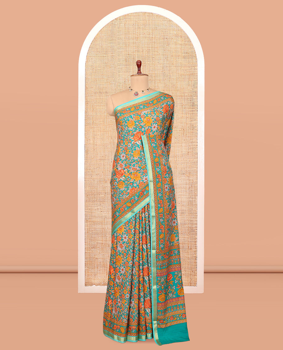 Blue Printed Silk Saree, Accentuated with Floral Print, a Traditional Zari Border, Floral Pallu, and a Matching Blouse