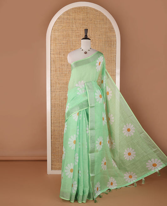 Sea green sunflower motif printed linen saree, silver zari plain border & small sunflower motif print blouse