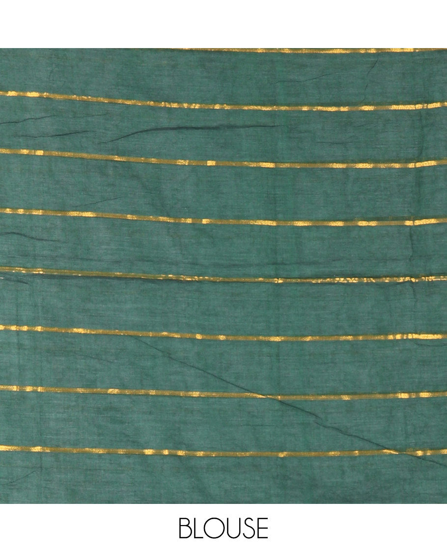 Light Green and Dark Green Khadi Mul Cotton Saree, Adorned with Horizontal Zari Stripes on Its Body, Zari Piping Border, Subtly Striped Pallu, and Paired with a Contrast Blouse