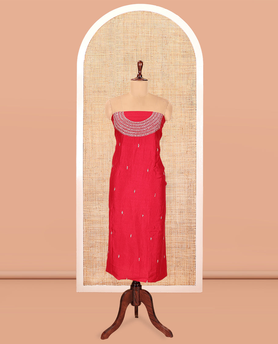 Red Vichitra Silk Material Chudiddar, Embroidered Top, Plain Bottom, Scallop Embroidered Dupatta