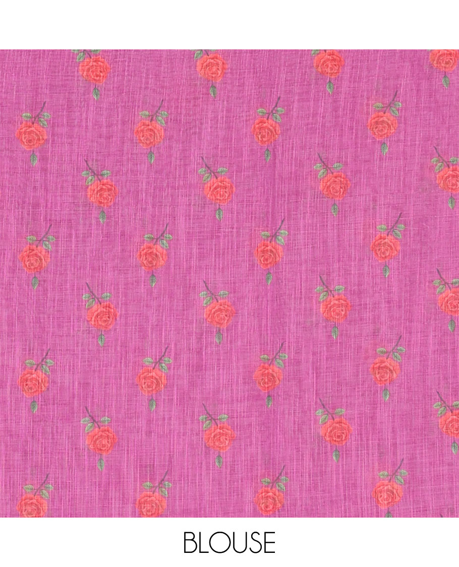 Pink Linen Cotton Saree, Beautiful Decked Up with Checks and Floral Motifs Printed All Over Its Body, Subtle Piping Border, Pallu Mirrors the Same Design, and Paired with a Printed Blouse