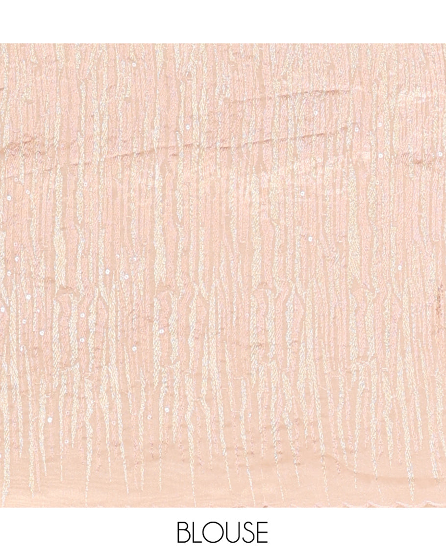 Champagne Organza Saree, Meticulously Crafted with Vine Embroidery, Scallop Embroidery Border, and a Matching Blouse