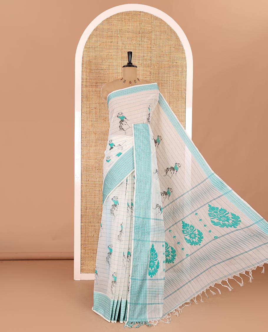 Cream-rama horizontal striped and girl motifs printed Mangalagiri cotton saree, traditional motifs woven border, printed pallu, and a contrast blouse