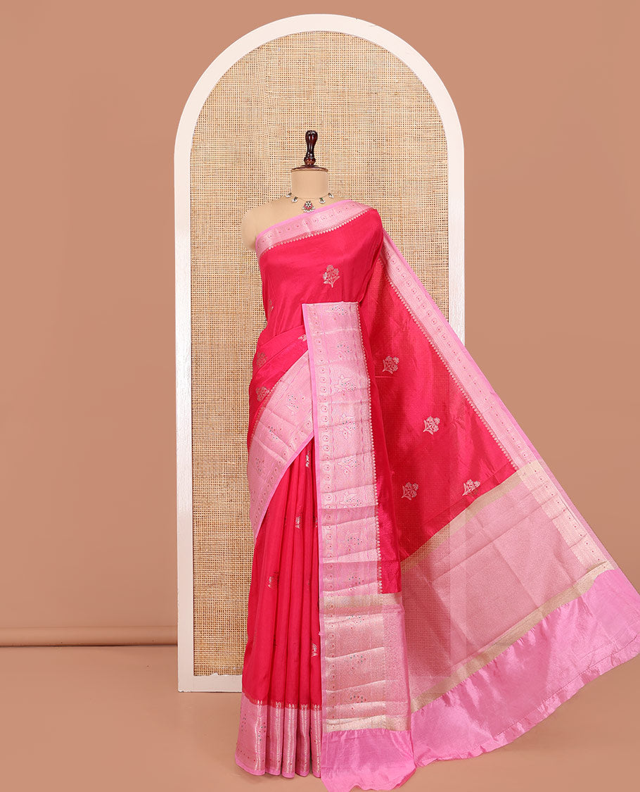 Rani Pink Green-Mango-Silk Saree, Bedecked with Floral Zari Buttas All Over Its Body, Complemented by a Contrast Meenakari Zari Floral Design Border, Grand Pallu, and Paired with a Contrast Blouse