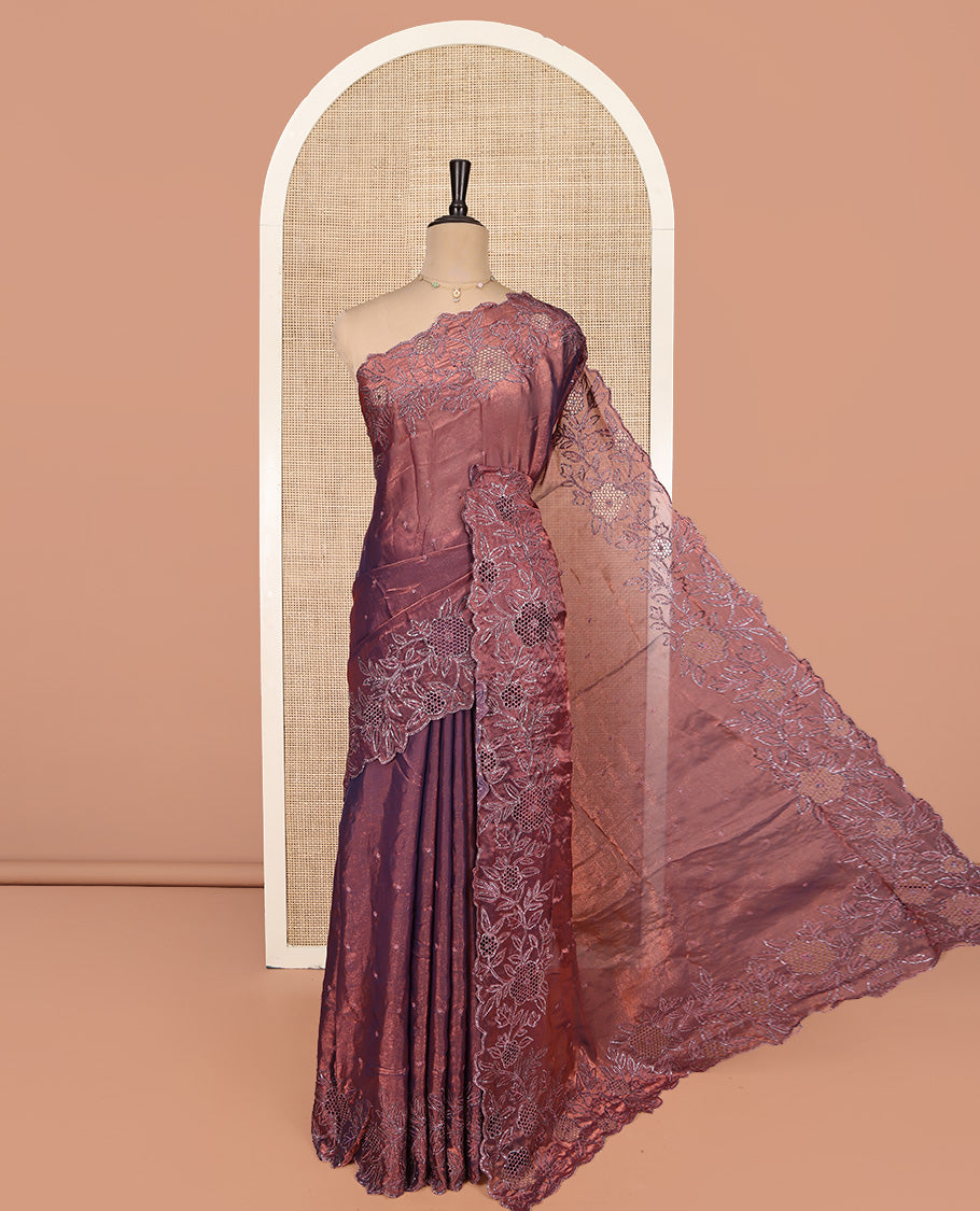 Copper Designer Saree, Spotlighted with Stonework, Scallop-Cut Stonework Border, Self Pallu, and Matching Blouse