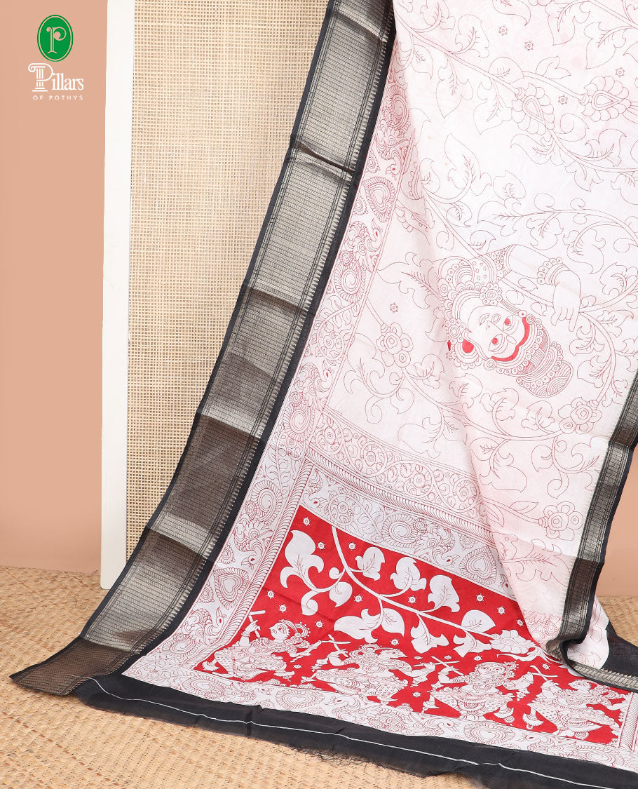 Cream kalamkari design dola silk saree with contrast zari border & kalakari design pallu along with contrast blouse