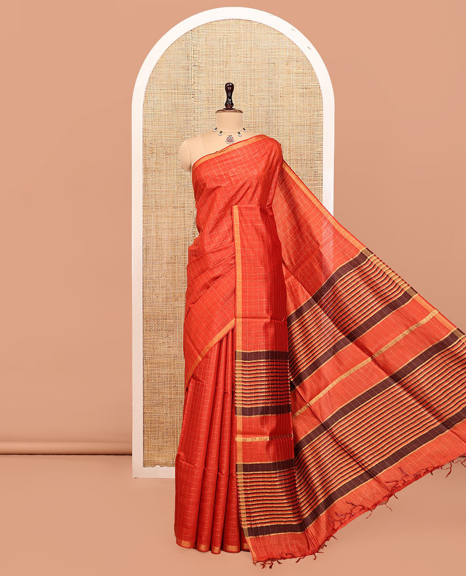 Orange Tussar Silk Saree, Sparsely Threaded with Checks, a Subtle Border, a Striped Pallu, and a Matching Blouse