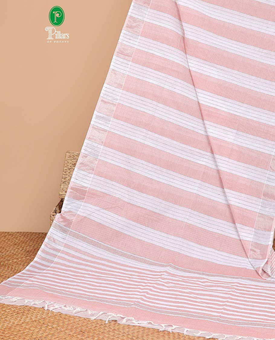 Borderless peach vertical striped jute cotton saree with striped pallu