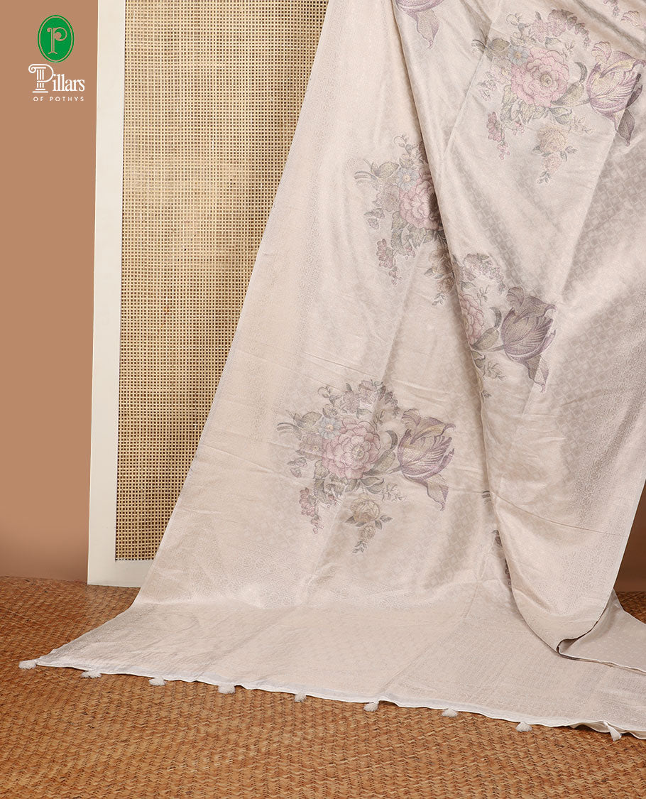 Off white digital woven softy saree with self border & rich pallu along with plain blouse