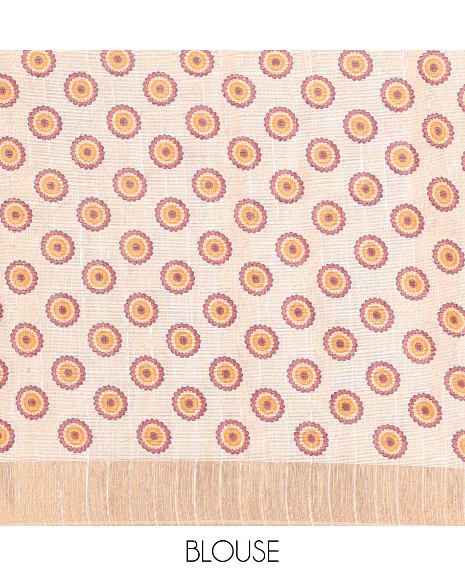 Cream Kerala Cotton Saree, Ornamented with Poo Kolam Print, a Zari Border, Poo Kolam-Printed Pallu, and a Matching Blouse