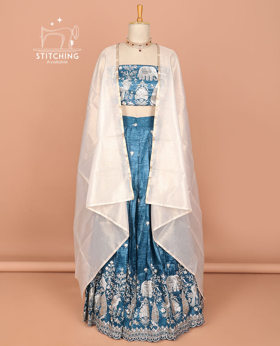 Blue floral, elephant embroidered half saree with self embroidered border, floral embroidery blouse & floral buttas , scallop border dhavani