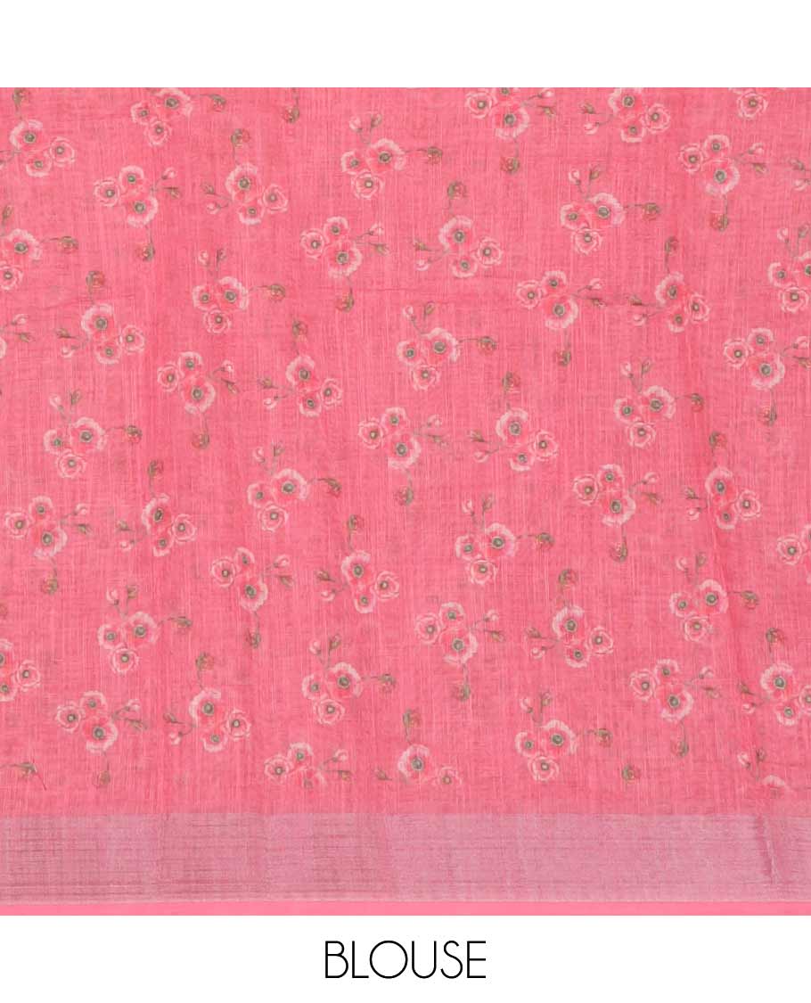 White rose floral printed linen saree, contrast silver bavanji border, floral printed pallu & floral printed brown blouse