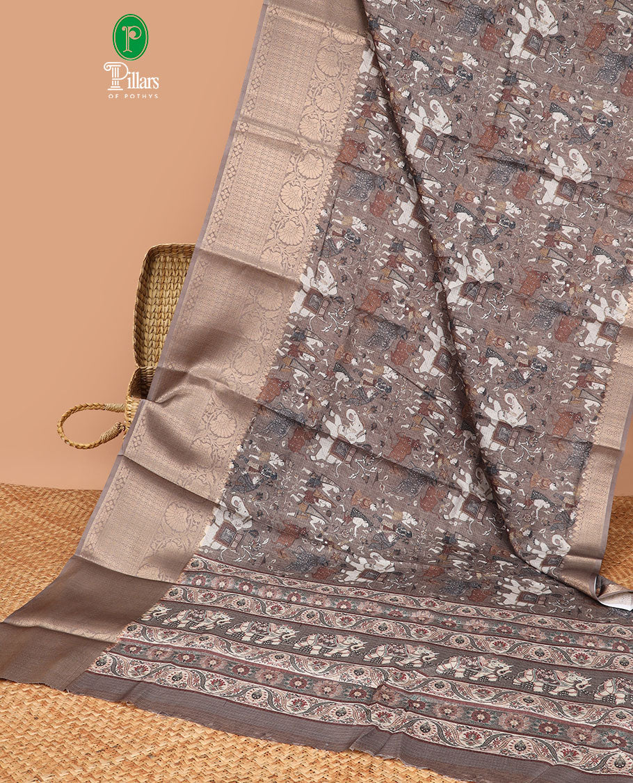 Beige heritage indian culture design kanchivaram kota checks saree with gold zari jacquard border & printed pallu along with running blouse