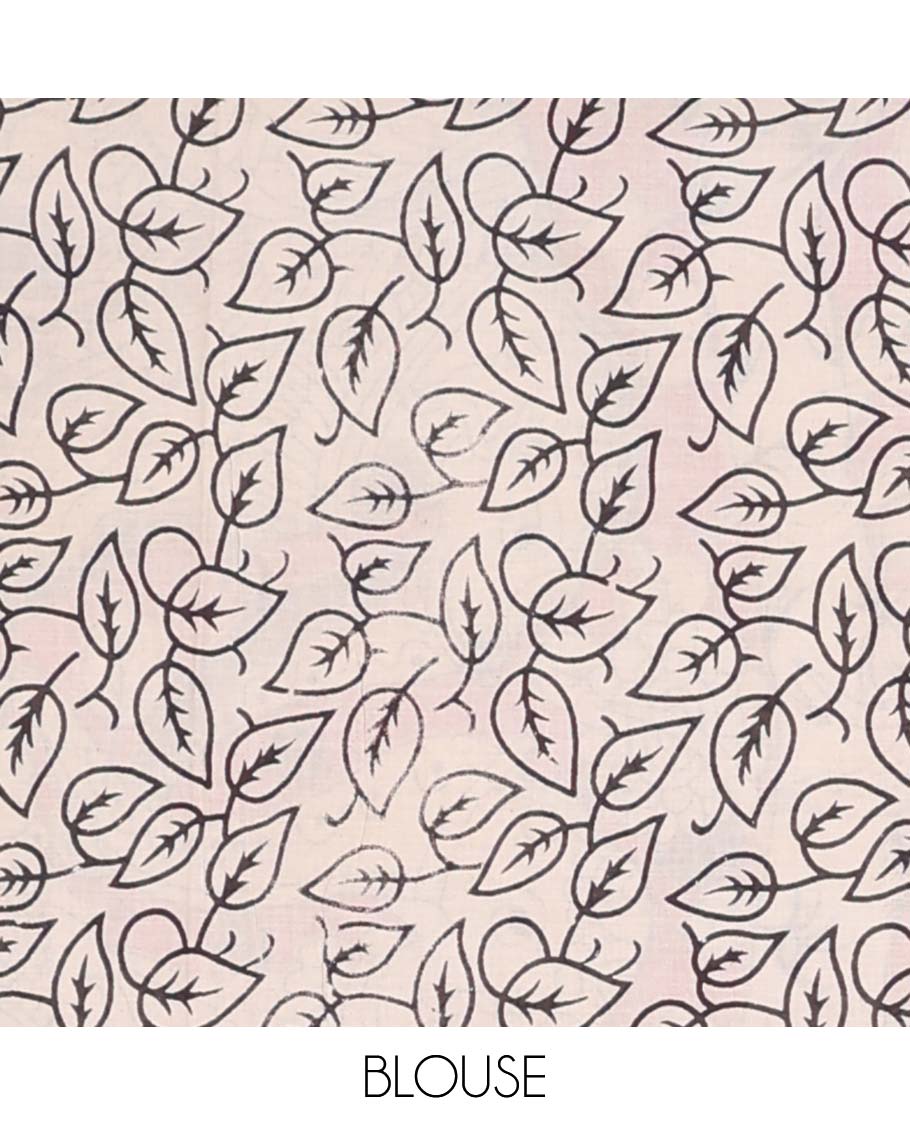 Cream floral, peacock design machine-printed kalamkari cotton saree with contrast geometric border & peacock design pallu
