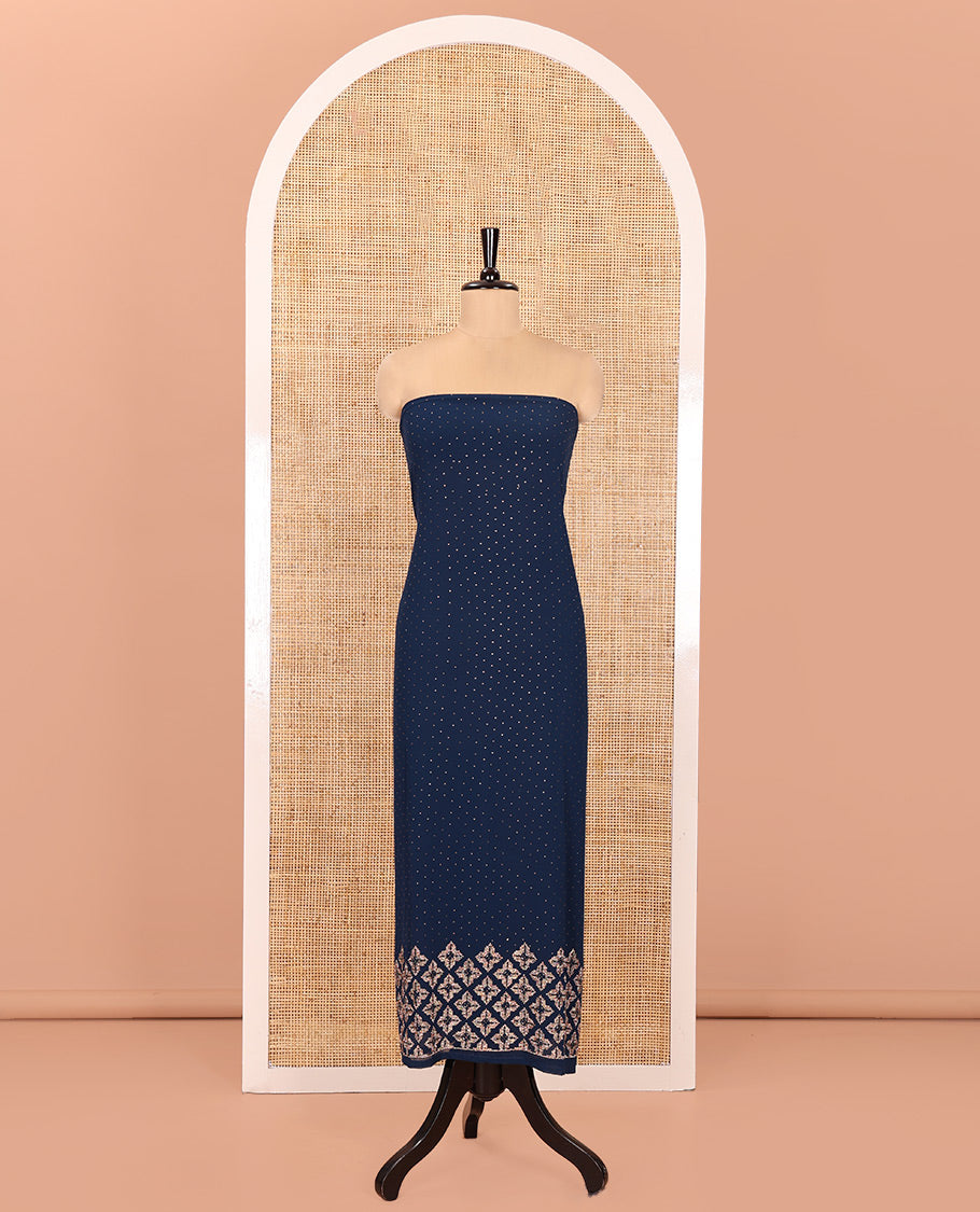 Blue Material Churidar Set, Swarovski Stone Work Fox Georgette Top, Comes with a Plain Santoon Bottom, and a Scallop Swarovski Stone Work Fox Georgette Dupatta