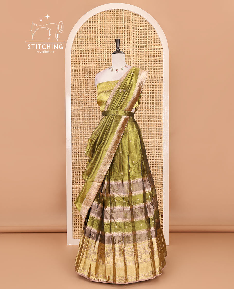 Liril green half-saree, buttas & traditional motifs skirt, brocade banarasi blouse & intricate dhavani