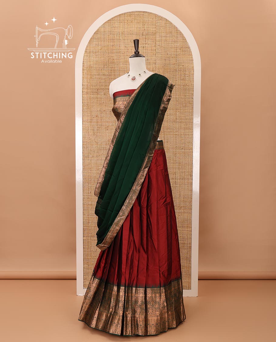 Maroon taffeta silk half-saree,plain skirt,contrast temple traditional zari border,zari design blouse & zari border georgette dhavani