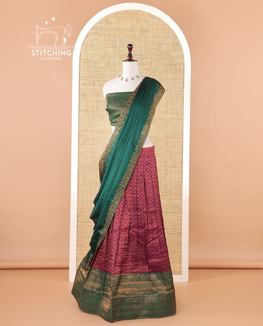 Wine colour banaras softy half-saree, brocade skirt, contrast traditional border, brocade blouse & stonework scallop georgette dhavani