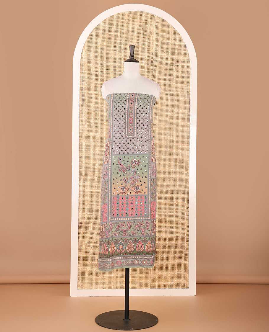 Pista green material chudidar set, intricate print & real mirrorwork crepe masakali top,plain bottom & intricate print & mirrorwork Chinon dupatta