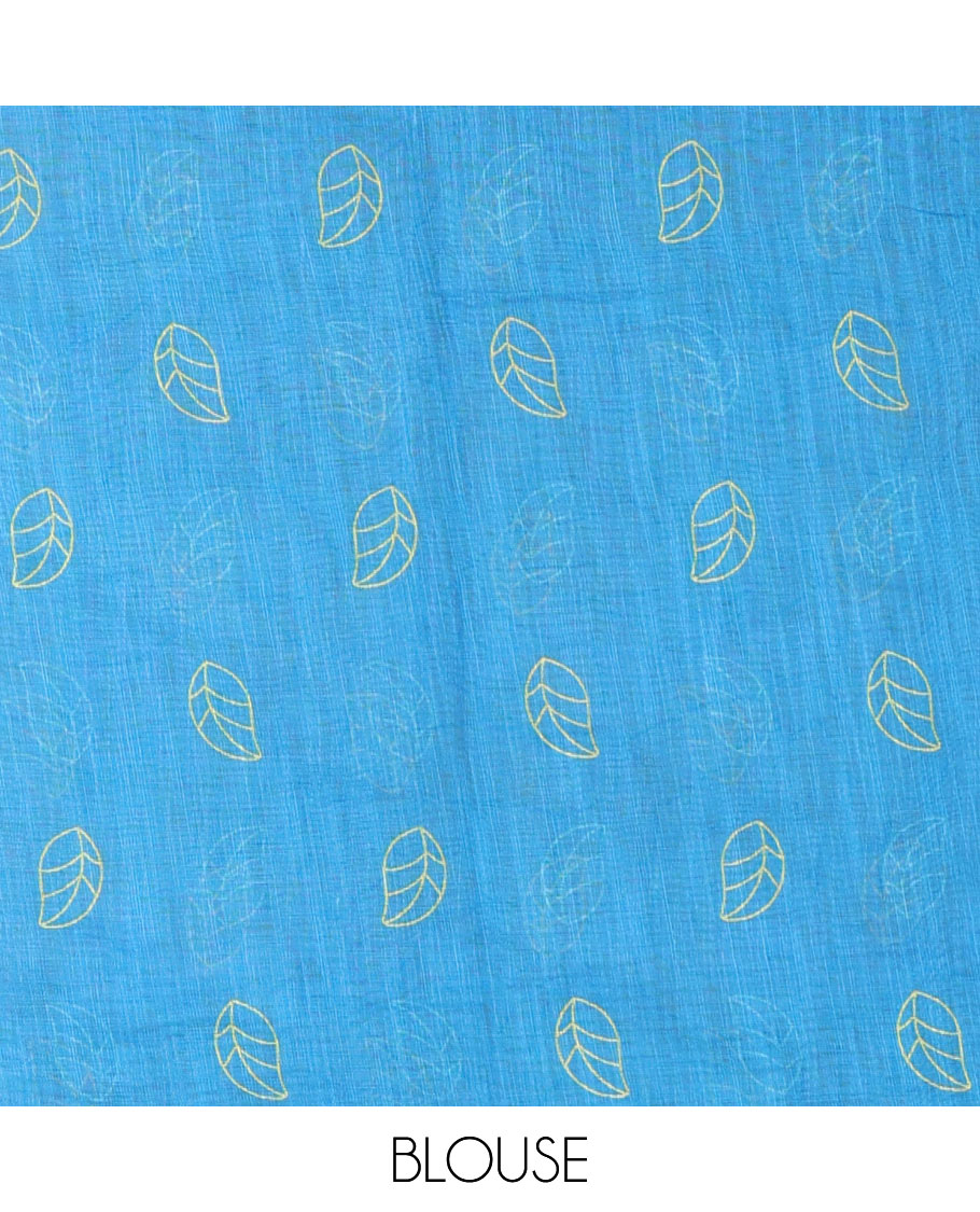 Yellow rose floral printed linen cotton saree, contrast piping border, rose floral printed pallu, and a contrast leaf motifs printed blouse