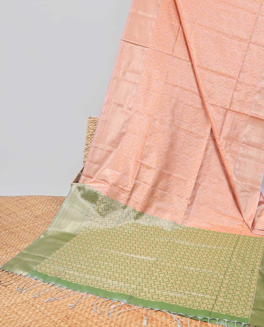 Peach floral jacquard kora cotton saree with self zari design border & intricate jaal design pallu