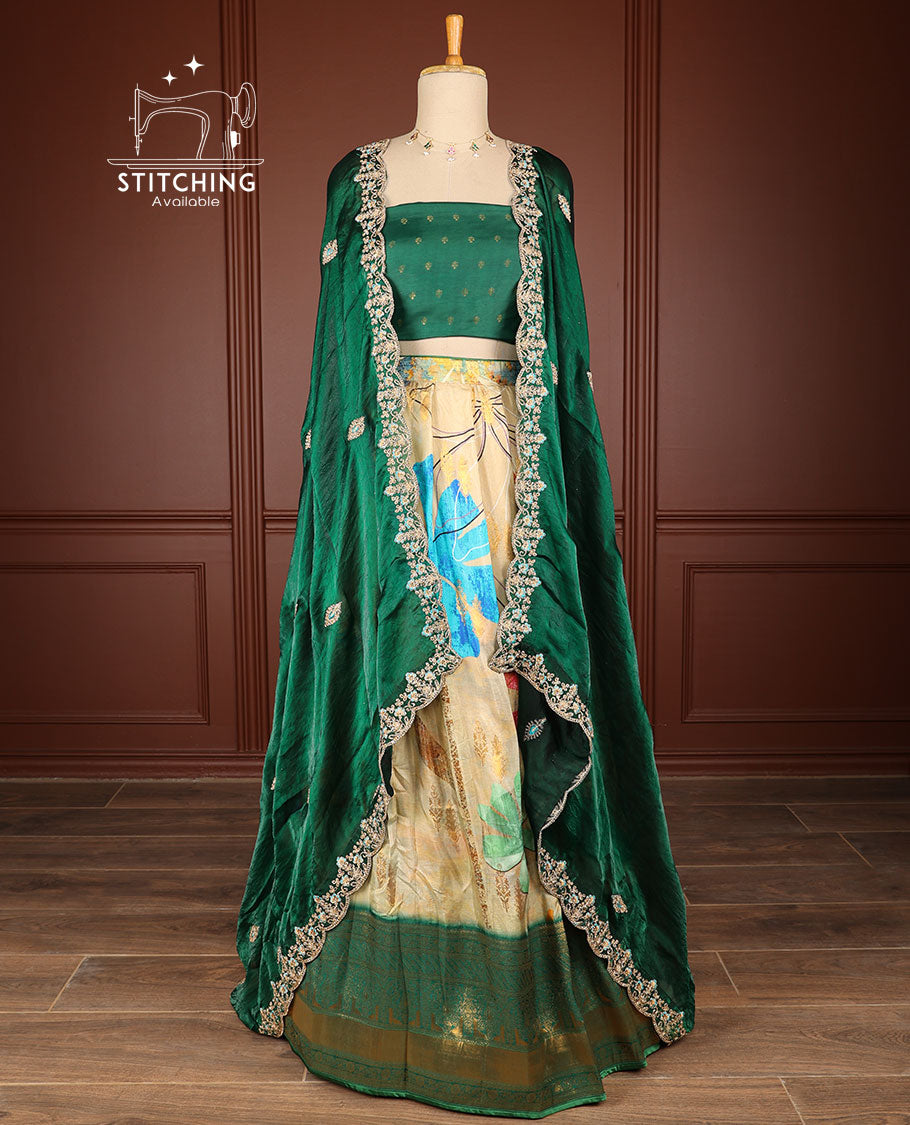 Cream floral design half saree with contrast zari design border, zari design blouse & leaf embroidery scallop border dhavani