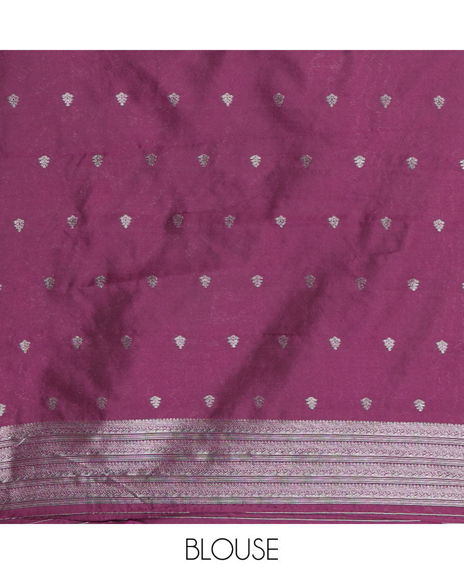 Purple kanchi silk saree with flower zari buttas across its body, zari border of floral vine & ogee patterned pallu