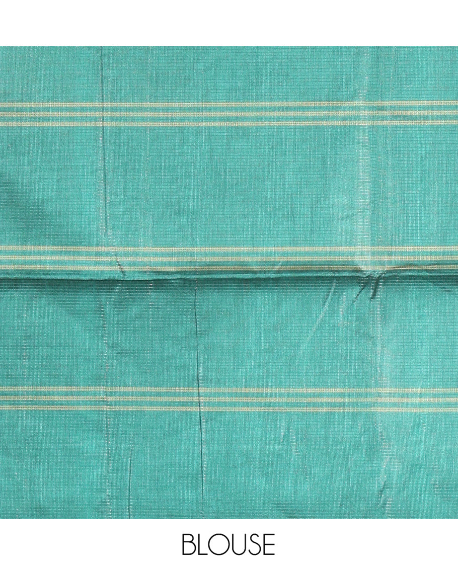 Borderless Pink Macro-Checked Katan Silk Saree, a Subtly Striped Pallu, and a Contrast Blouse