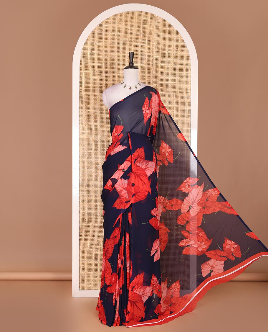 Borderless navy blue leaf and floral motifs digitally printed georgette saree, contrast negative printed blouse