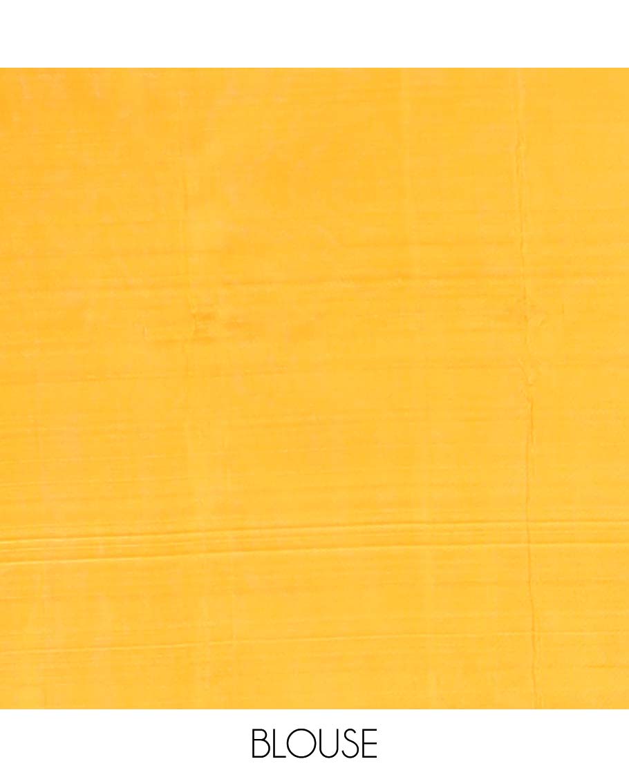 Orange temple motifs banana pith saree with contrast plain border & striped zari , temple motifs pallu