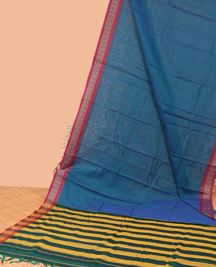 Blue plain Narayanapet cotton saree, contrast unique design border & striped pallu