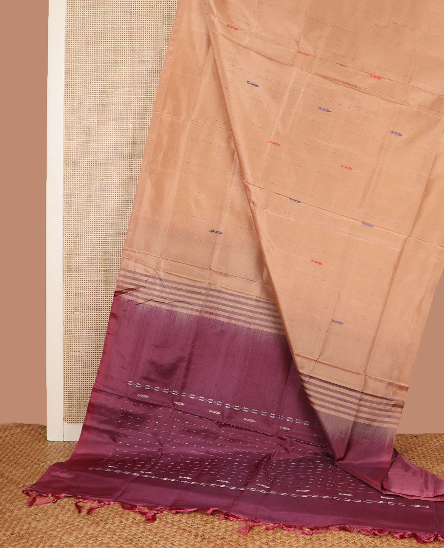 Borderless Sandal Banana Pith Saree, Subtly Sparkled with Stripes All Over Its Body, Complemented by a Contrast Pallu of Stripes, and Paired with a Contrast Blouse