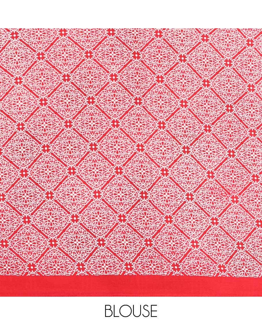 Red small polka dots printed gajji silk saree with self-border & pallu printed with a dot enclosed checks, blouse with intricate motif print