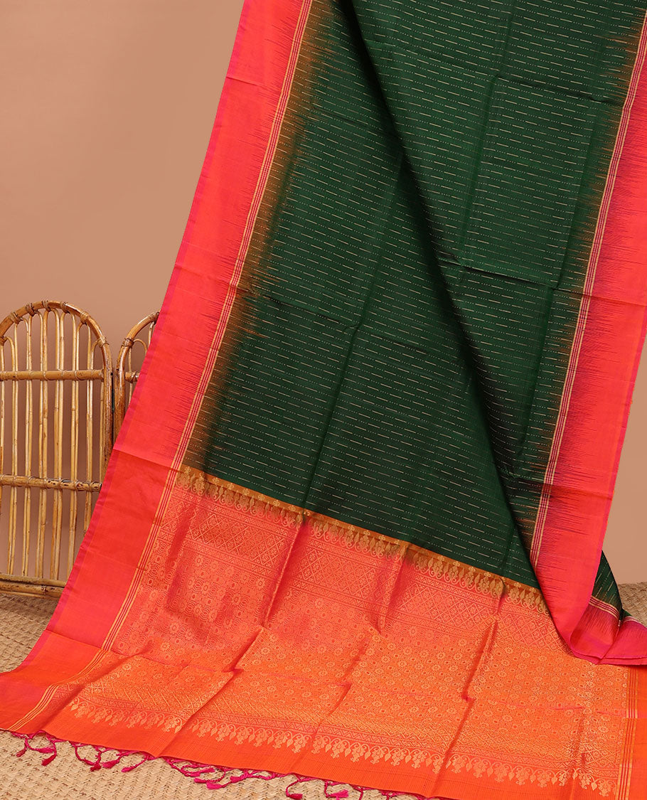 Green soft silk saree with buttas, contrast striped border & pallu of intricate designs