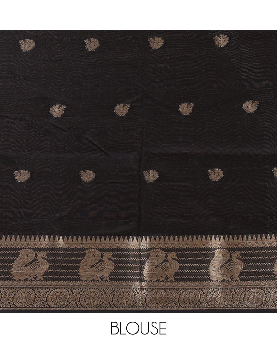 Cream with black small peacock butta muslin cotton saree with annam, temple border & ikkat design pallu along with zari motifs blouse