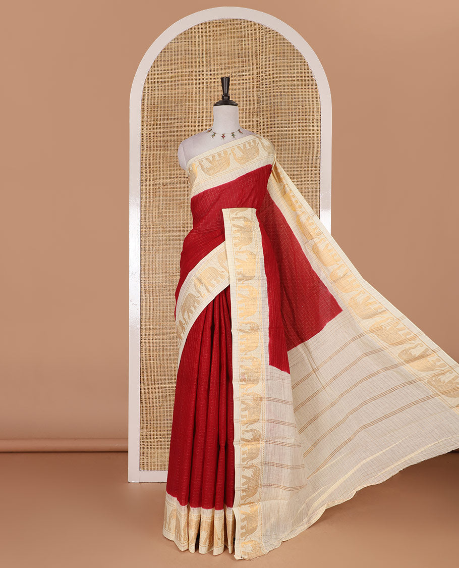 Maroon zari checked Sungudi cotton saree, contrast elephant motif border, zari striped pallu, and contrast zari design blouse