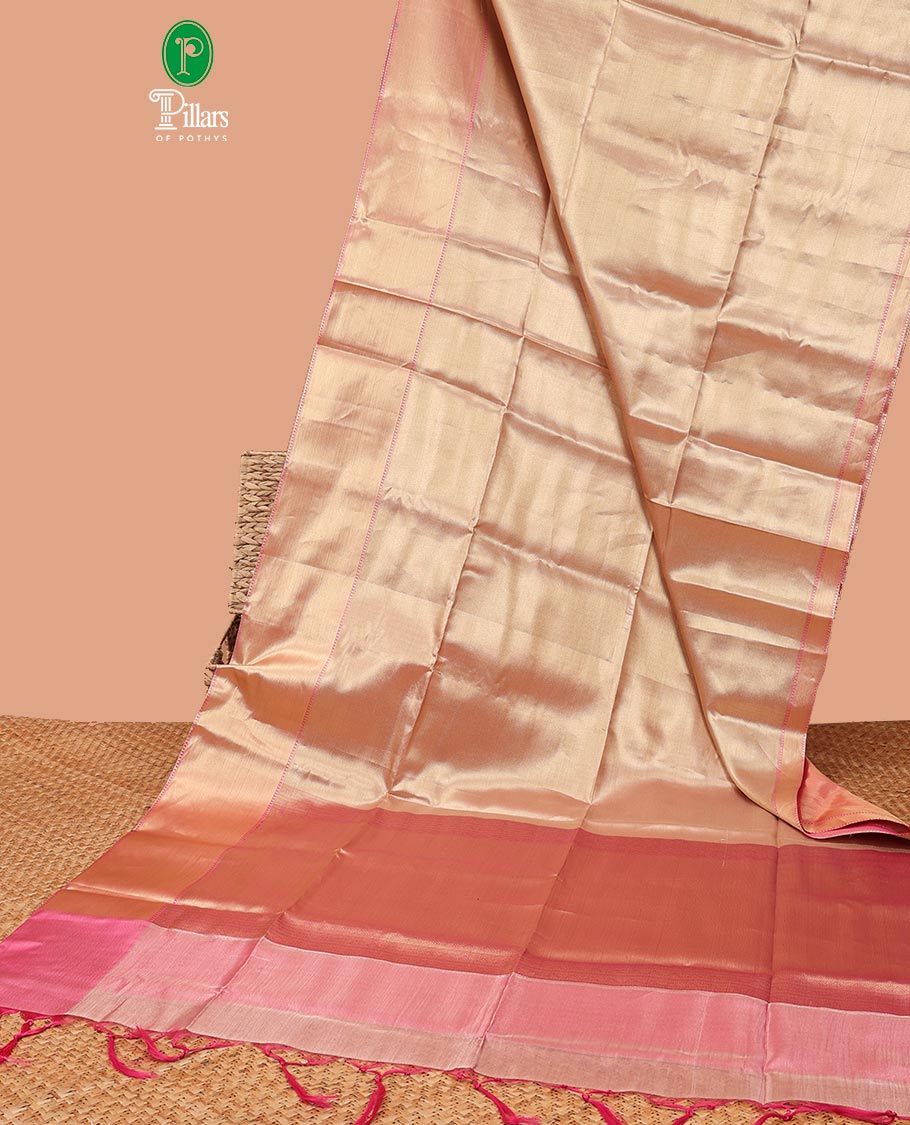 Copper color copper with pink zari tissue saree with light pink contrast border & pink copper brocade blouse