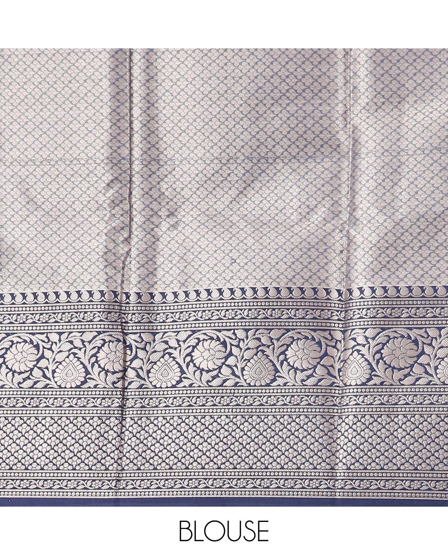 Grey floral jacquard semi tissue saree with contrast floral design border & checked zari design pallu