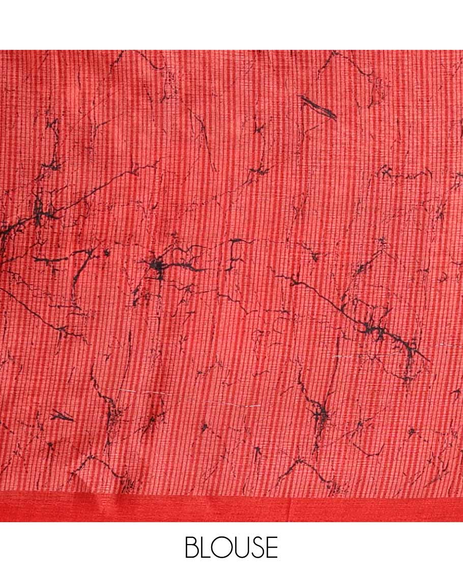 Black batik-style uniquely printed khadi cotton saree, contrast orange piping border & printed pallu