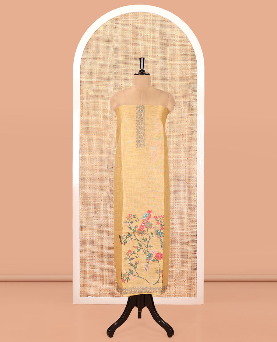 Yellow Linen Tissue Material Chudidar Set, Adorned with Paithani Floral-Parrot Design on Its Top, a Contrast Plain Bottom, and Paired with a Linen Tissue Dupatta of Floral-Parrot Print
