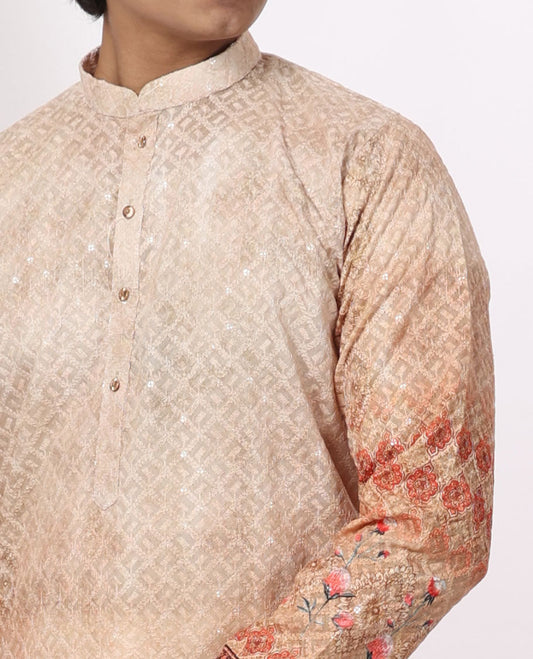 sandal floral jaal embroidered mandarin collar & full-sleeve long raw silk kurta