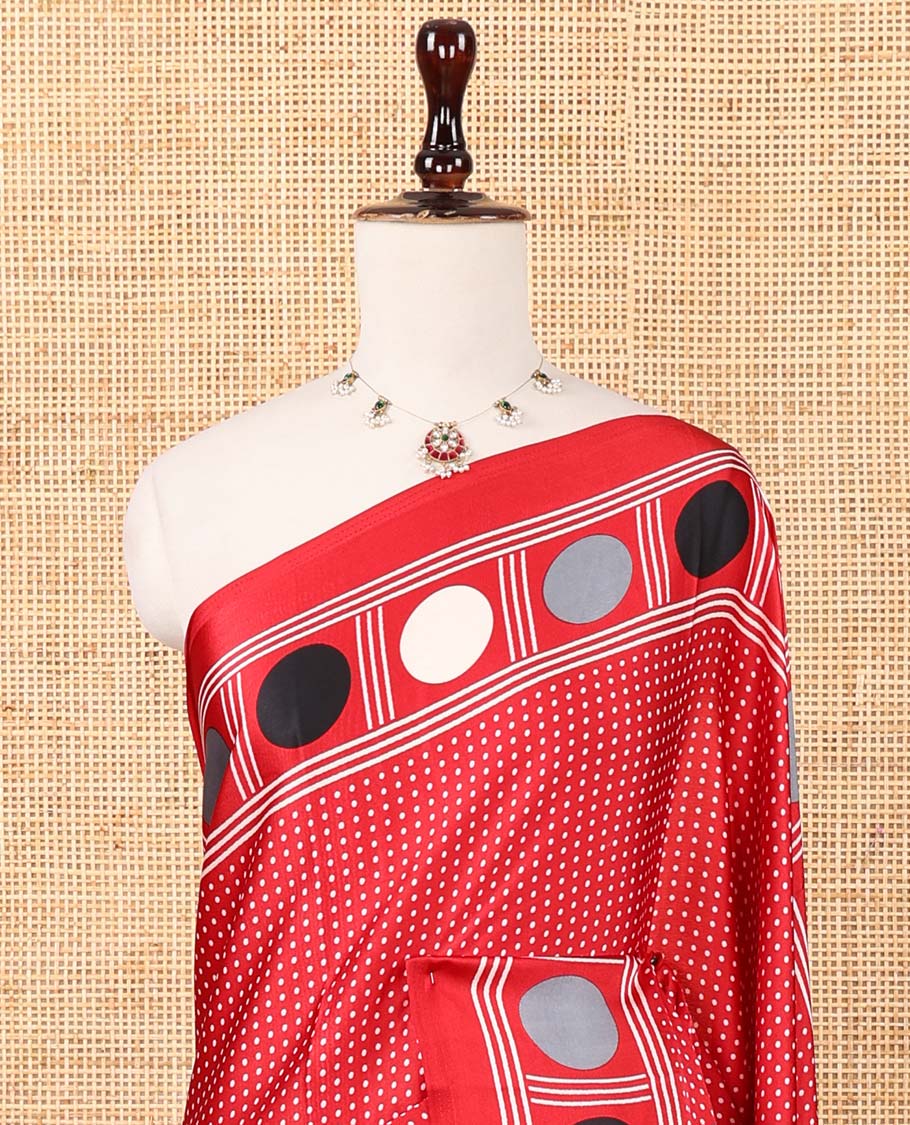 Red small polka dots printed gajji silk saree with self-border & pallu printed with a dot enclosed checks, blouse with intricate motif print
