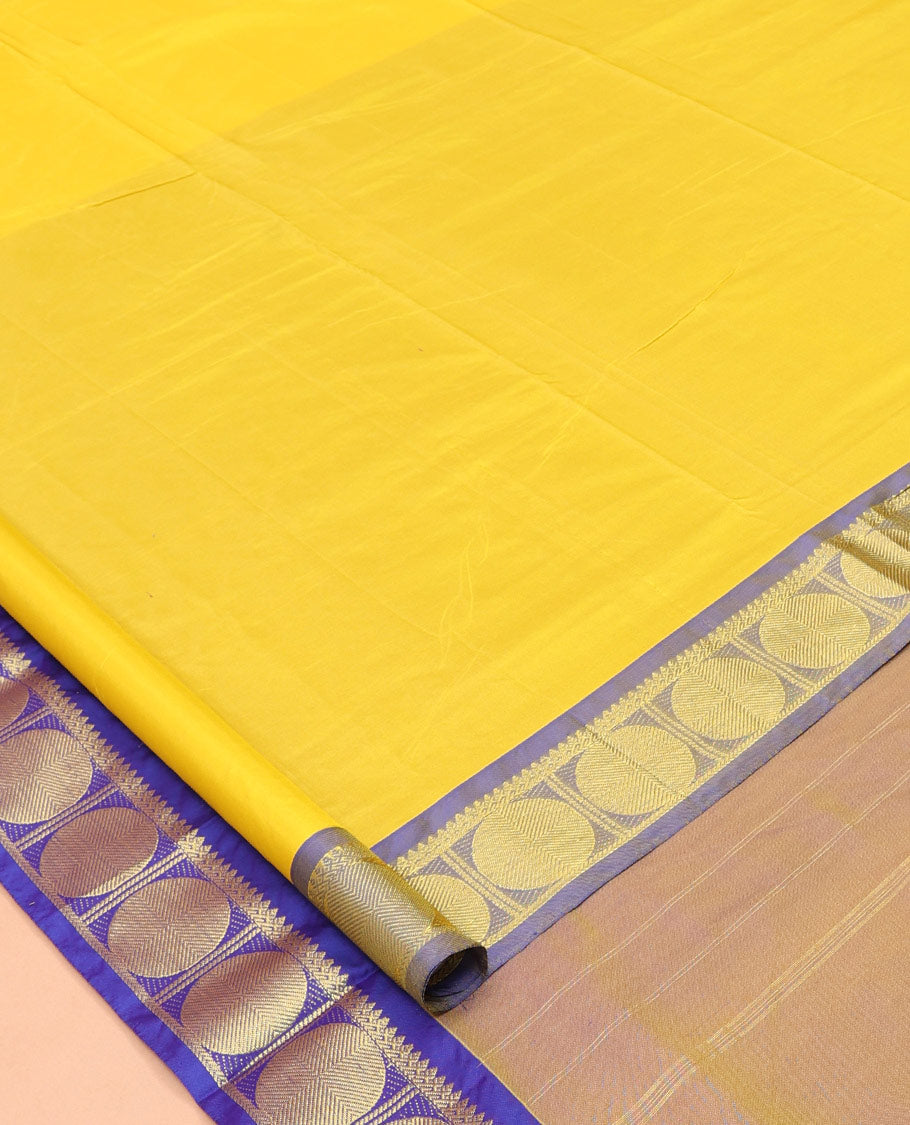 Yellow Plain Ten-Yard Saree, Complemented by a Contrast Rudraksham Border, Self-Pallu of Stripes, and No Blouse