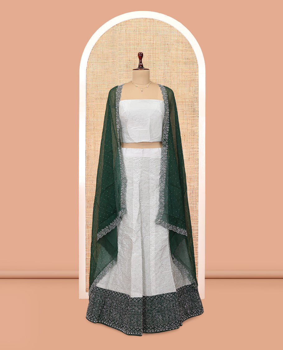 Grey Banarasi Half-Saree, Finely Crafted with Bead Work Skirt, a Contrast Stone Work Border, Matching Blouse, and Contrast Scallop Stone Work Dupatta